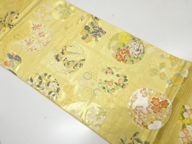 JAPANESE FUKURO OBI / UNUSED / GOLD FOIL / WOVEN FLOWER ROUNDEL
